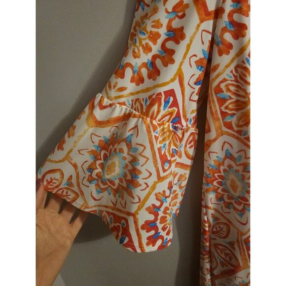 Jude Connally mosaic tile coral blue flare sleeve dress sz medium pockets new - Picture 6 of 8